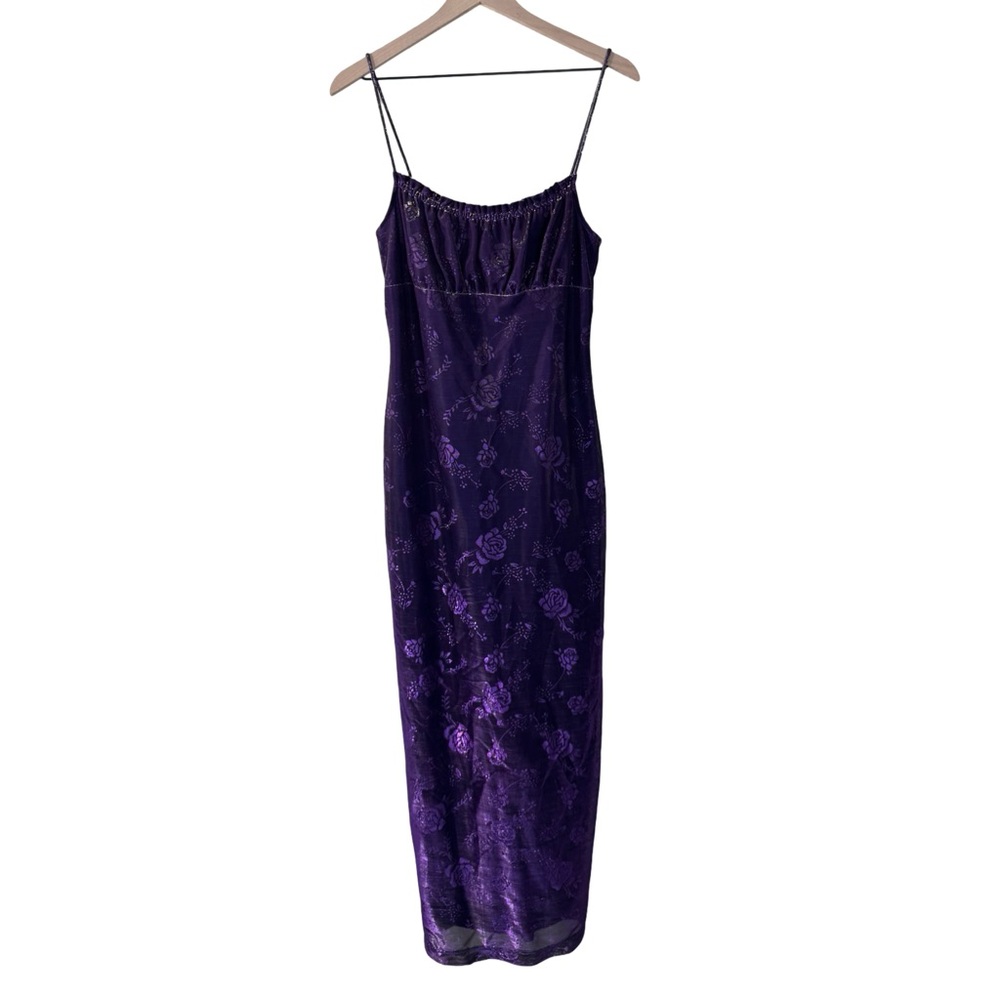 Vintage Purple Holographic Mesh Floral Midi Dress Y2K Size Large - Picture 2 of 11